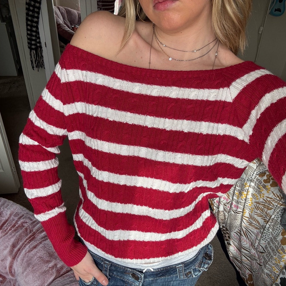 Brandy Melville Red and White Off-Shoulder Sweater